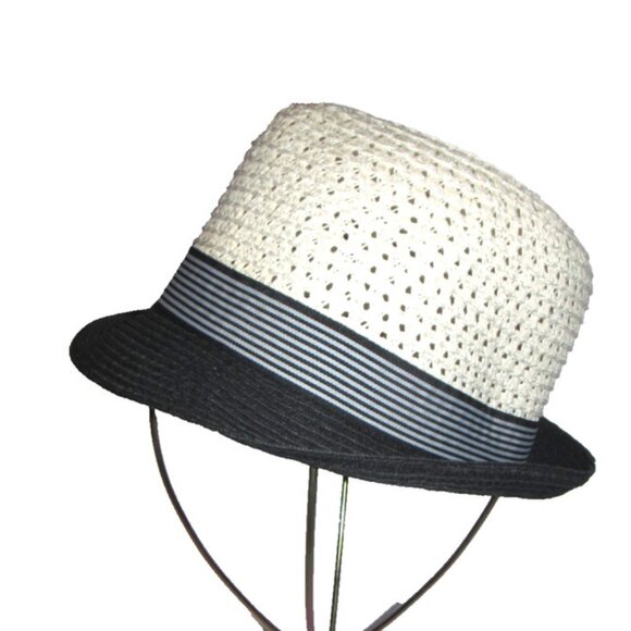 Off White Nautical Trilby Hat – Paper/Poly Blend, Black Brim One Size Unisex - Picture 1 of 10